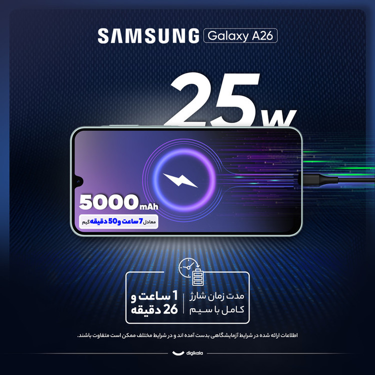 گوشی موبایل سامسونگ مدل Galaxy A26 دو سیم کارت ظرفیت 256 گیگابایت و رم 8 گیگابایت - ویتنام - به همراه شارژر 25 وات سامسونگ، 2 عدد قاب و 1 عدد محافظ صفحه نمایش