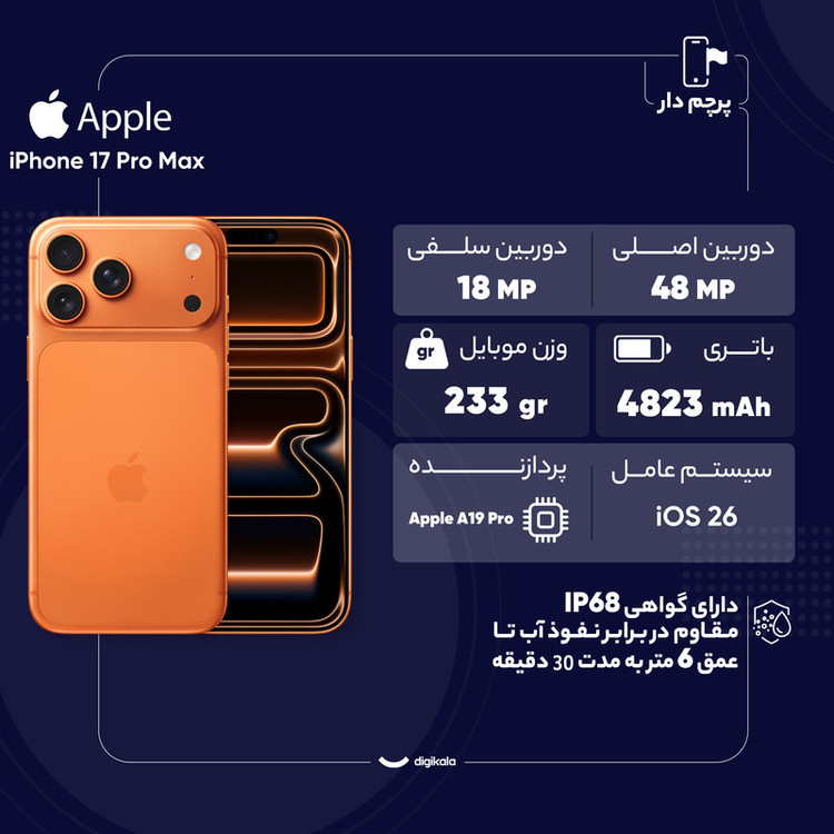 گوشی موبایل اپل مدل iPhone 17 Pro Max ZAA تک سیم کارت + eSim ظرفیت 1 ترابایت و رم 12 گیگابایت - نات اکتیو