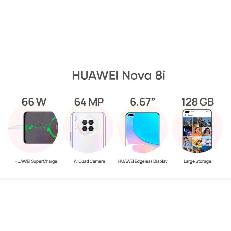 گوشی موبایل هوآوی مدل nova 8i دو سیم کارت ظرفیت 128 گیگابایت و رم 8 گیگابایت به همراه مچبند هوشمند هوآوی مدل Band 6